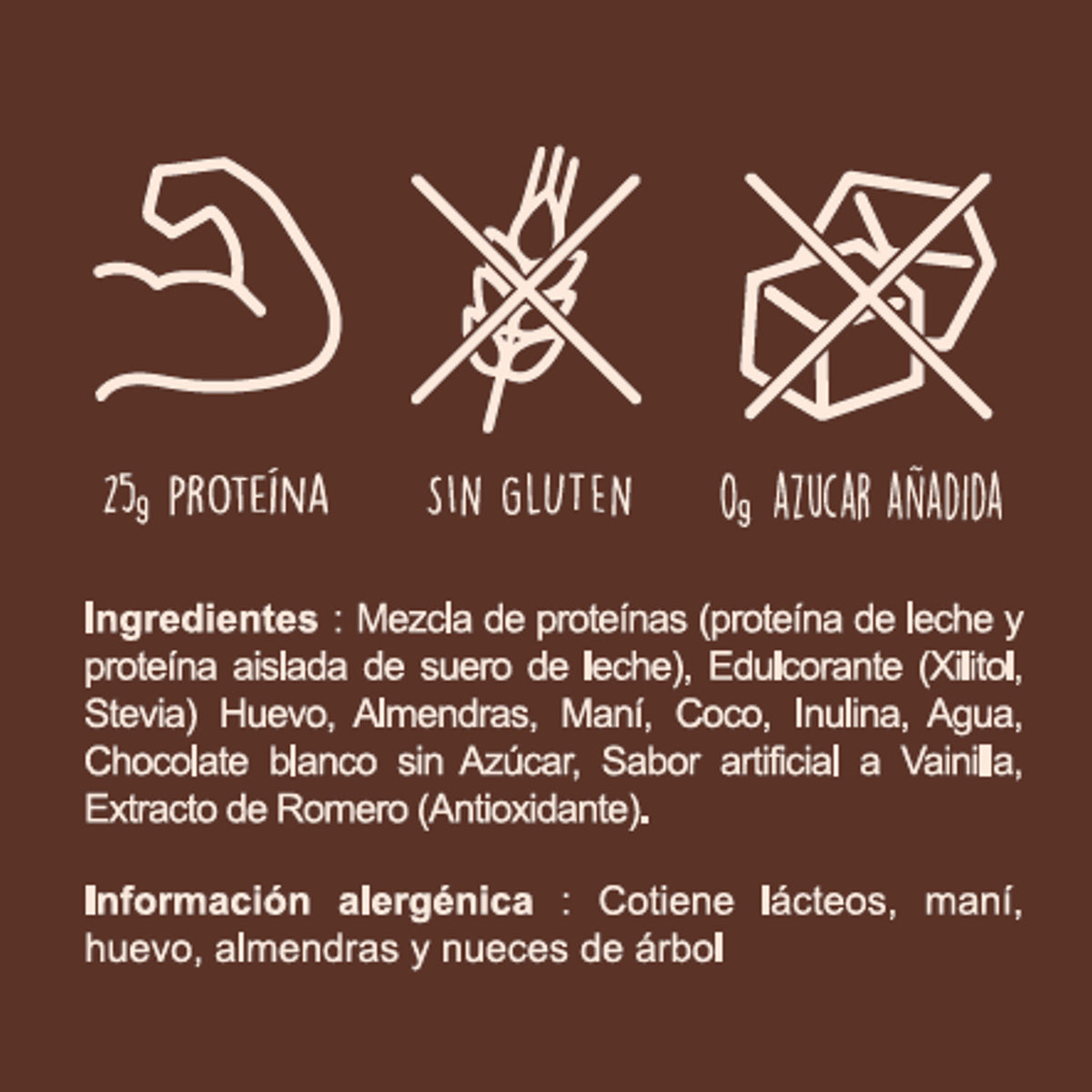Ingredientes e información alergénica de Blondie Chocolate Blanco con Proteína Caja x 10