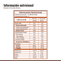 Tabla nutricional de Blondie Chocolate Blanco con Proteína Caja x 10