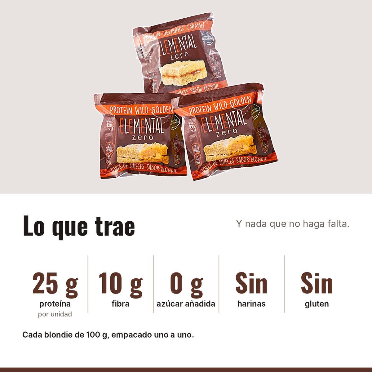 Blondies con Proteína Pack x 3: 25 g proteína, 10 g fibra, 0 g azúcar añadida, Sin harinas, Sin gluten