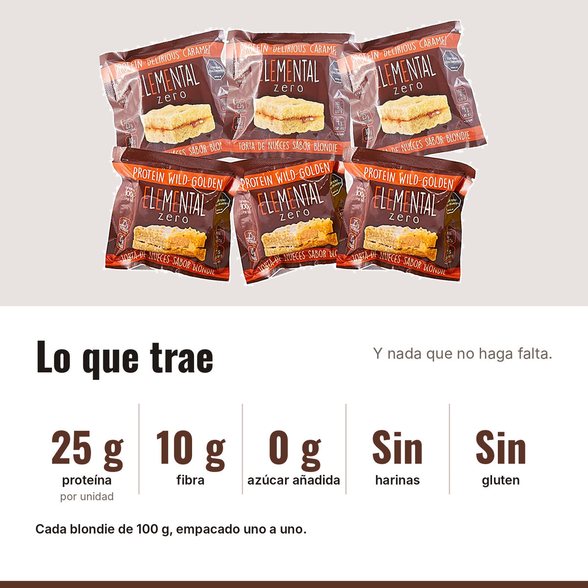 Blondies con Proteína Pack x 6: 25 g proteína, 10 g fibra, 0 g azúcar añadida, Sin harinas, Sin gluten