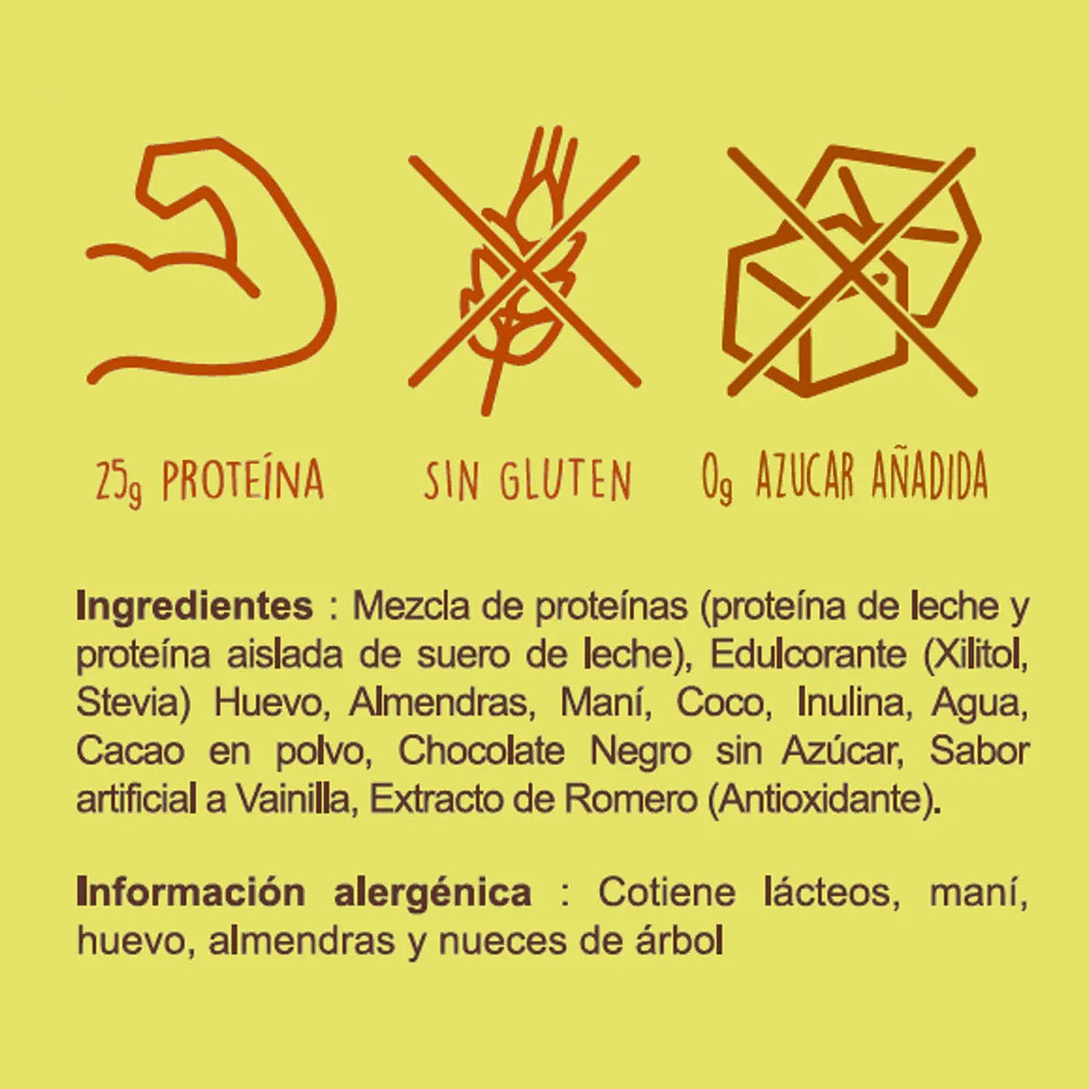 Ingredientes e información alergénica de Brownie Chocolate con Proteína Caja x 10