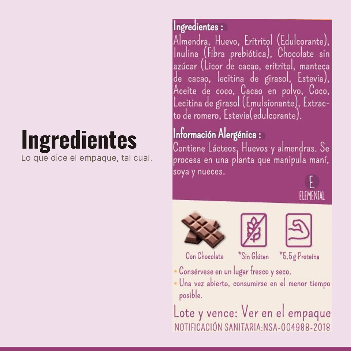 Ingredientes e información alergénica de Brownie Keto x 8