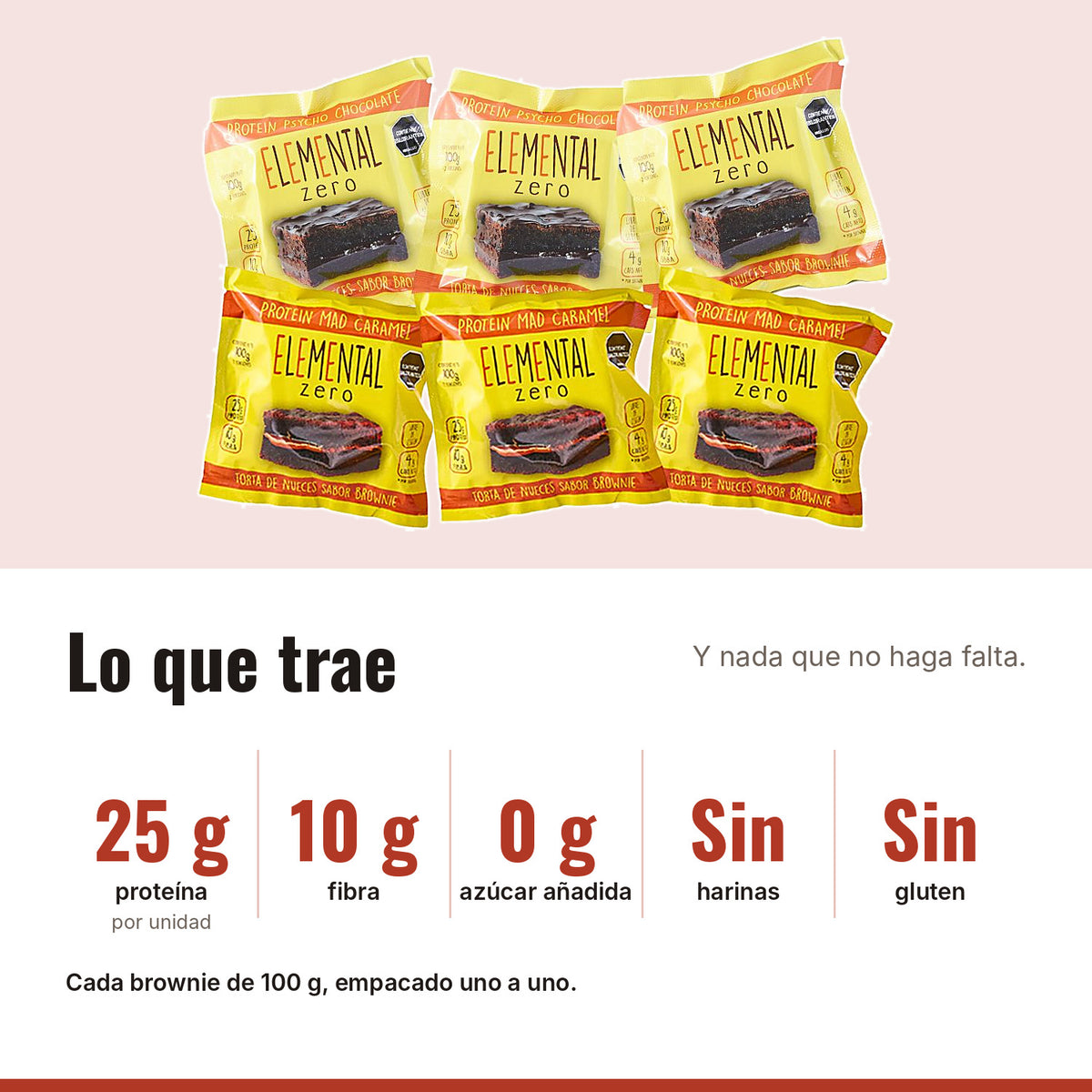 Brownies con Proteína Pack x 6: 25 g proteína, 10 g fibra, 0 g azúcar añadida, Sin harinas, Sin gluten
