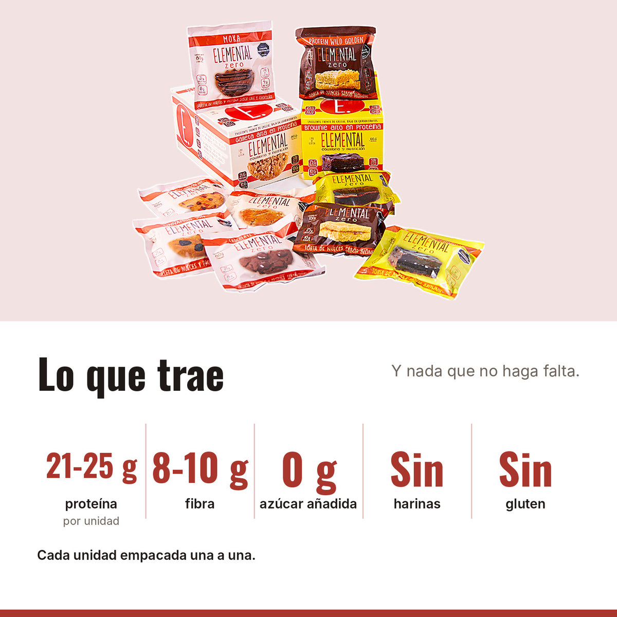 Caja x 10 Todos los Productos: 21-25 g proteína, 8-10 g fibra, 0 g azúcar añadida, Sin harinas, Sin gluten