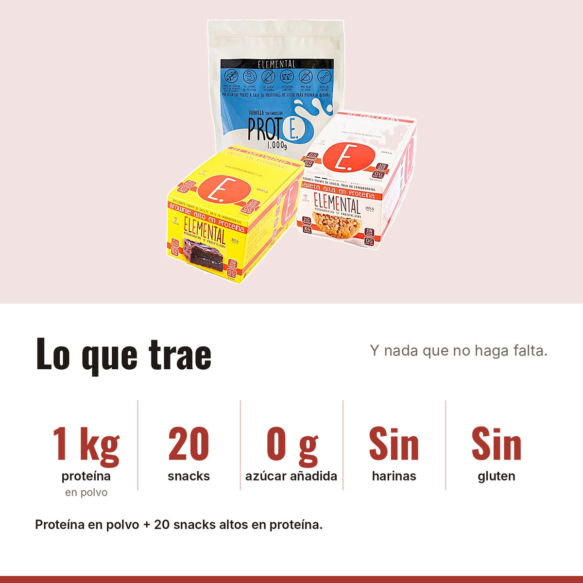 Combo Full Proteína: 1 kg proteína, 20 snacks, 0 g azúcar añadida, Sin harinas, Sin gluten