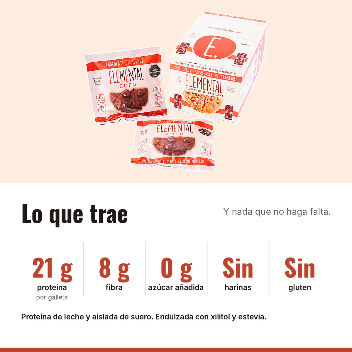 Galleta Chocolate con Proteína Caja x 10: 21 g proteína, 8 g fibra, 0 g azúcar añadida, Sin harinas, Sin gluten