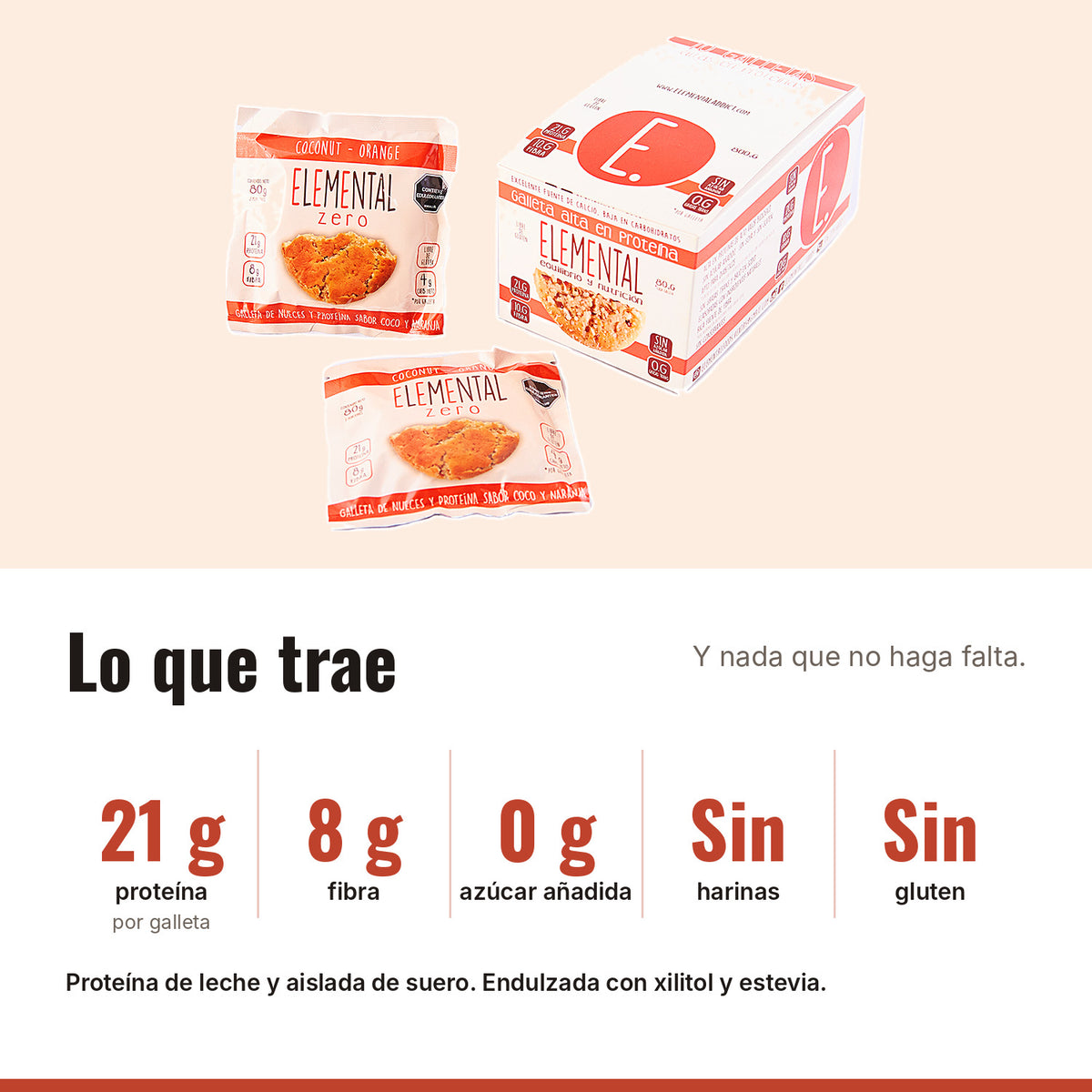 Galleta Coco-Naranja con Proteína Caja x 10: 21 g proteína, 8 g fibra, 0 g azúcar añadida, Sin harinas, Sin gluten