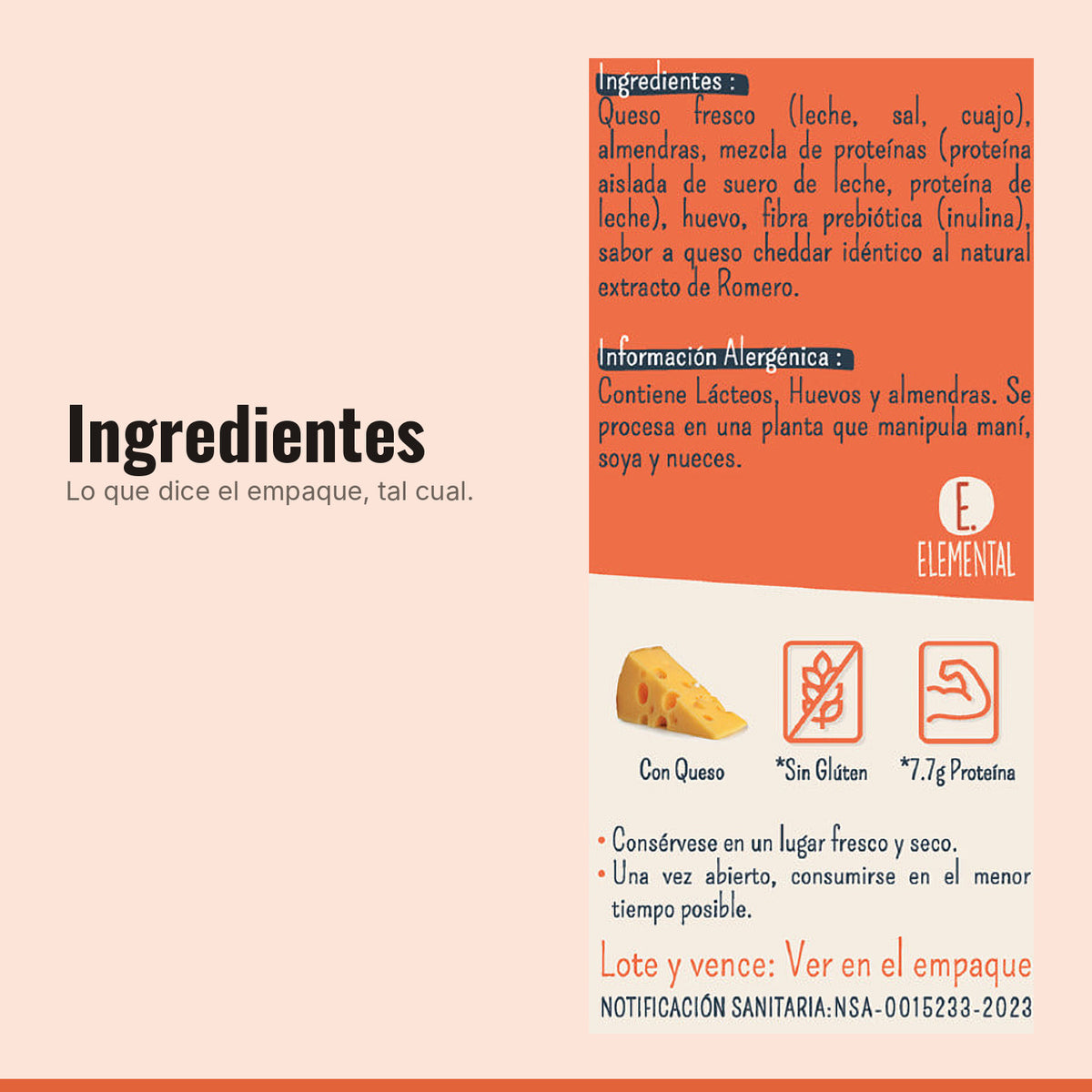 Ingredientes e información alergénica de Galleta Keto Queso y Almendras Cheddar x 8