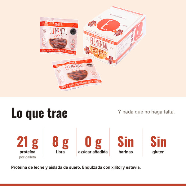 Galleta Moka con Proteína Caja x 10: 21 g proteína, 8 g fibra, 0 g azúcar añadida, Sin harinas, Sin gluten