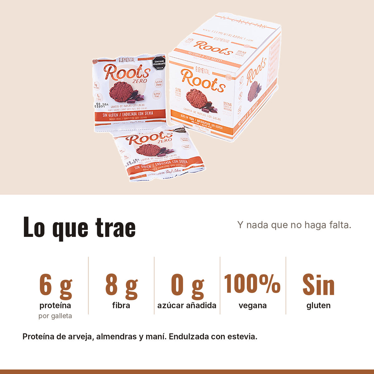Galleta Vegana Roots Cacao x 12: 6 g proteína, 8 g fibra, 0 g azúcar añadida, 100% vegana, Sin gluten