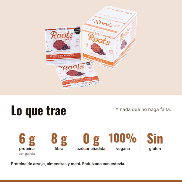 Galleta Vegana Roots Cacao x 12: 6 g proteína, 8 g fibra, 0 g azúcar añadida, 100% vegana, Sin gluten