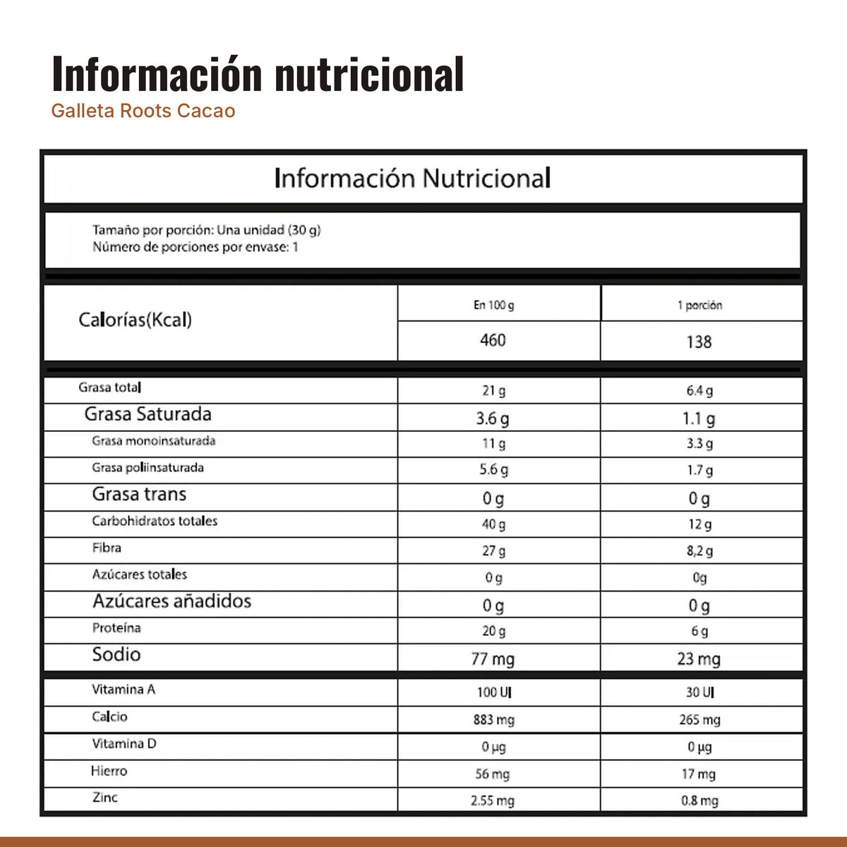 Tabla nutricional de Galleta Vegana Roots Cacao x 12