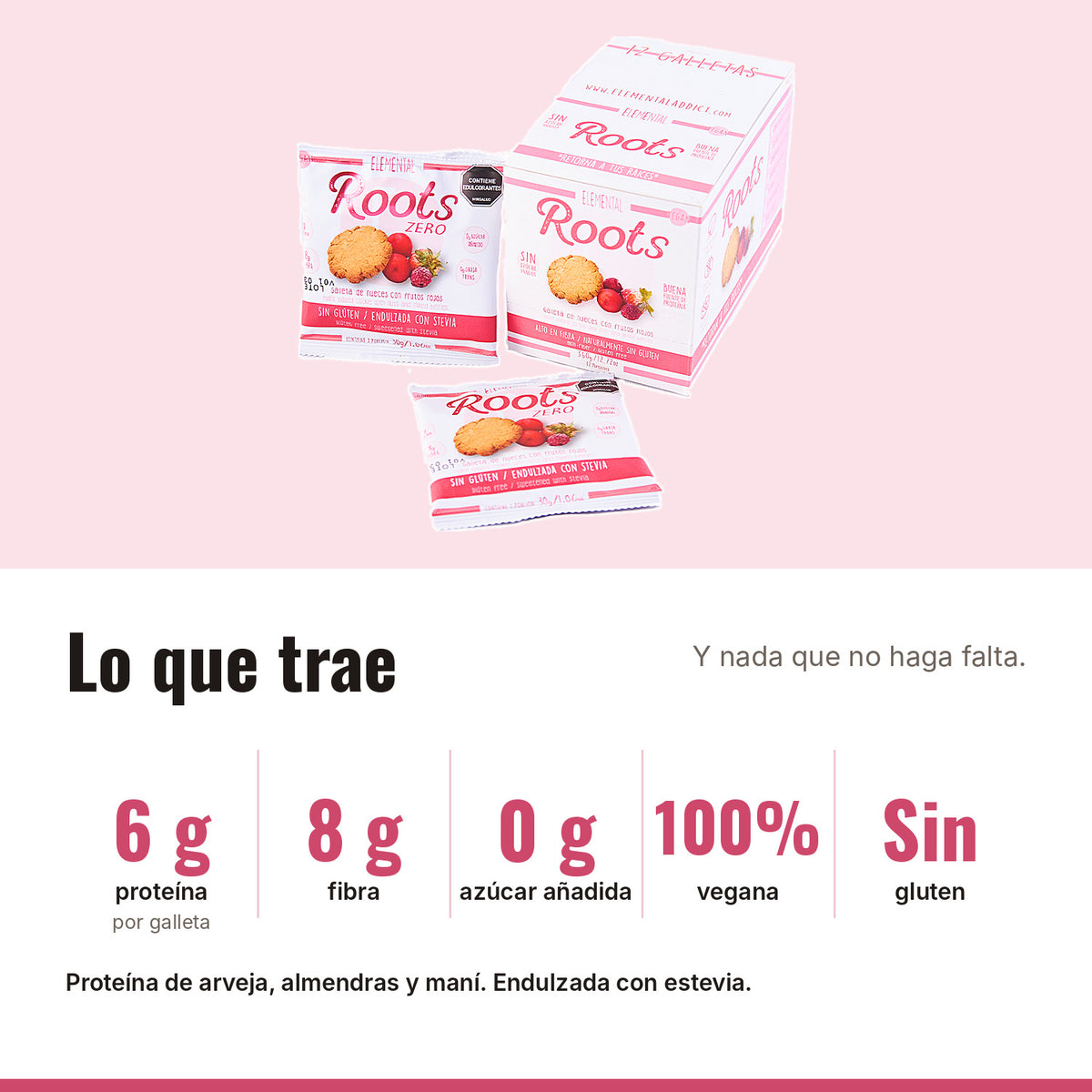 Galleta Vegana Roots Frutos Rojos x 12: 6 g proteína, 8 g fibra, 0 g azúcar añadida, 100% vegana, Sin gluten