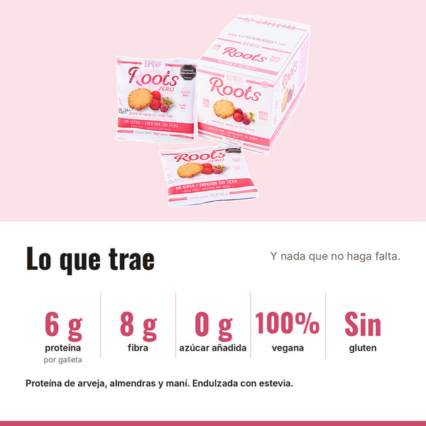 Galleta Vegana Roots Frutos Rojos x 12: 6 g proteína, 8 g fibra, 0 g azúcar añadida, 100% vegana, Sin gluten
