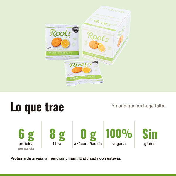 Galleta Vegana Roots Limón x 12: 6 g proteína, 8 g fibra, 0 g azúcar añadida, 100% vegana, Sin gluten