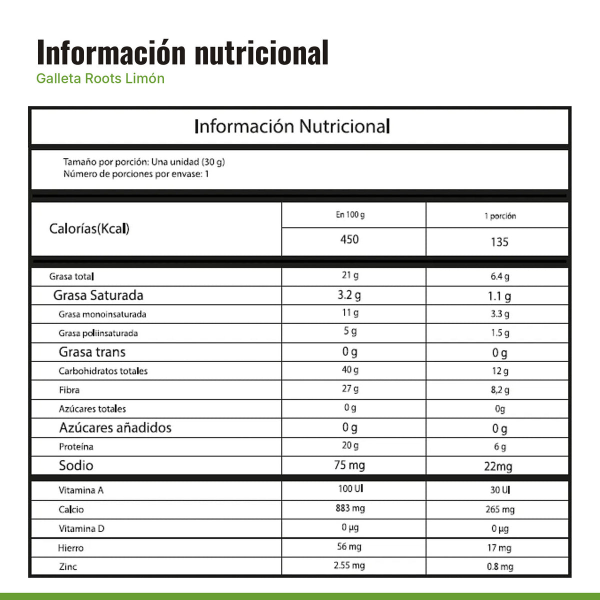 Tabla nutricional de Galleta Vegana Roots Limón x 12