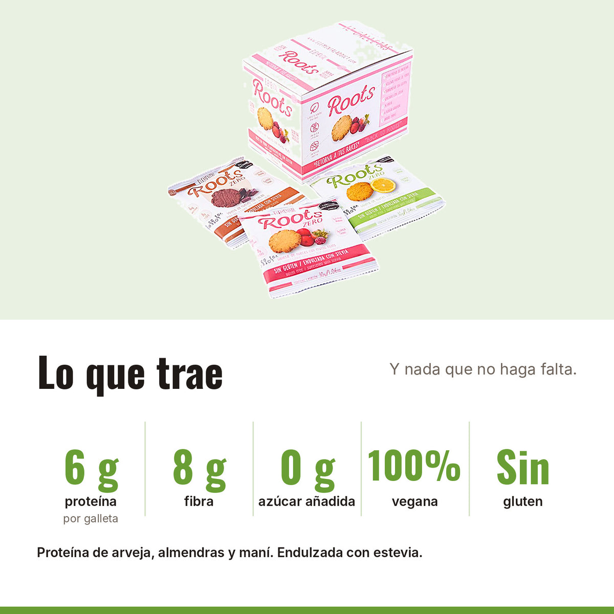 Galletas Veganas Roots Surtidas x 12: 6 g proteína, 8 g fibra, 0 g azúcar añadida, 100% vegana, Sin gluten