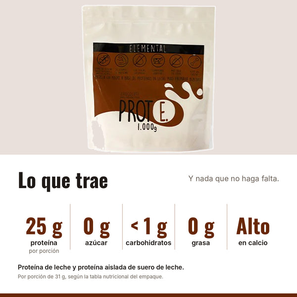 Proteína chocolate: 25 g de proteína, 0 g de azúcar, menos de 1 g de carbohidratos, 0 g de grasa, alta en calcio