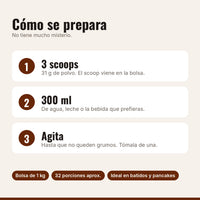 Cómo preparar la proteína chocolate: 3 scoops, 300 ml de agua o leche, agitar