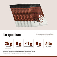 Proteína chocolate: 25 g de proteína, 0 g de azúcar, menos de 1 g de carbohidratos, 0 g de grasa, alta en calcio