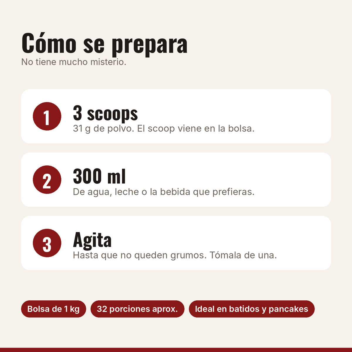 Cómo preparar la proteína moka: 3 scoops, 300 ml de agua o leche, agitar