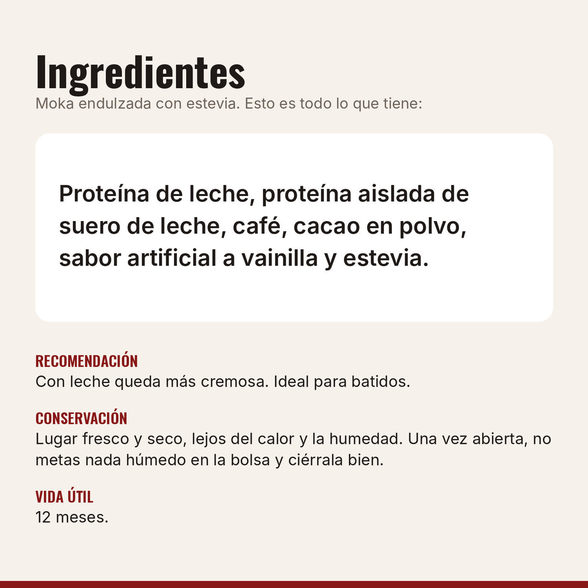 Ingredientes de la proteína moka