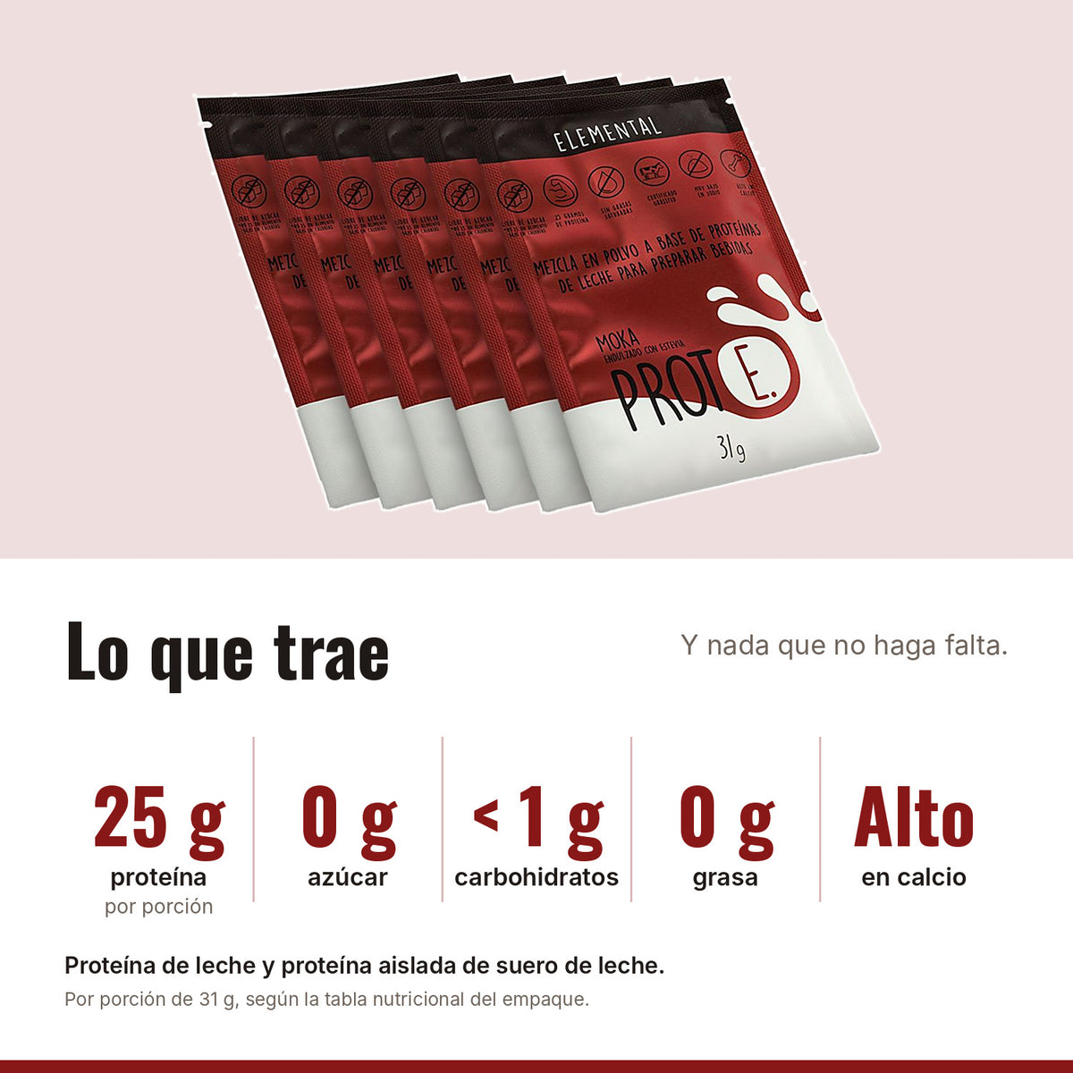 Proteína moka: 25 g de proteína, 0 g de azúcar, menos de 1 g de carbohidratos, 0 g de grasa, alta en calcio