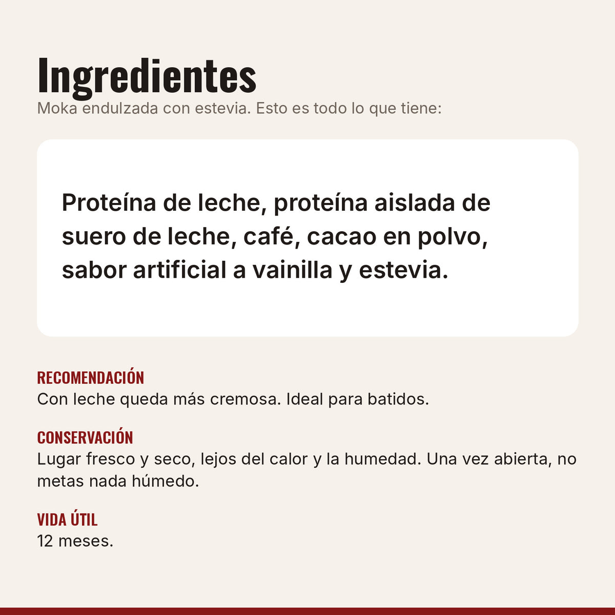Ingredientes de la proteína moka
