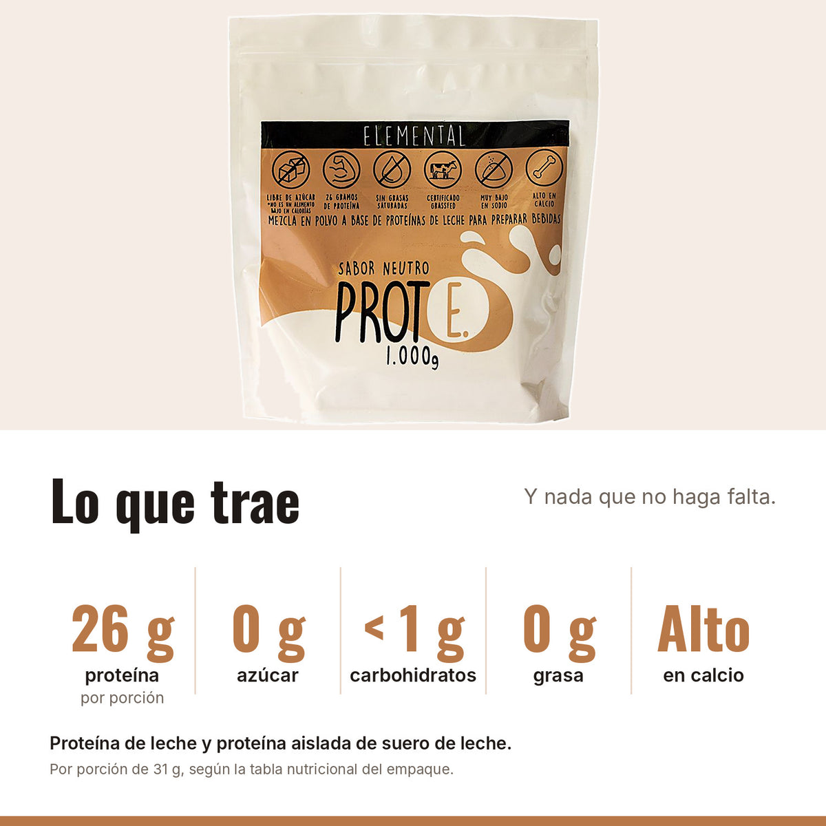 Proteína neutra: 26 g de proteína, 0 g de azúcar, menos de 1 g de carbohidratos, 0 g de grasa, alta en calcio