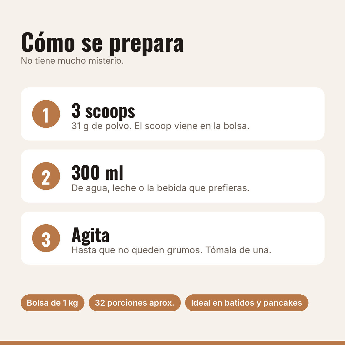 Cómo preparar la proteína neutra: 3 scoops, 300 ml de agua o leche, agitar