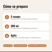 Cómo preparar la proteína neutra: 3 scoops, 300 ml de agua o leche, agitar