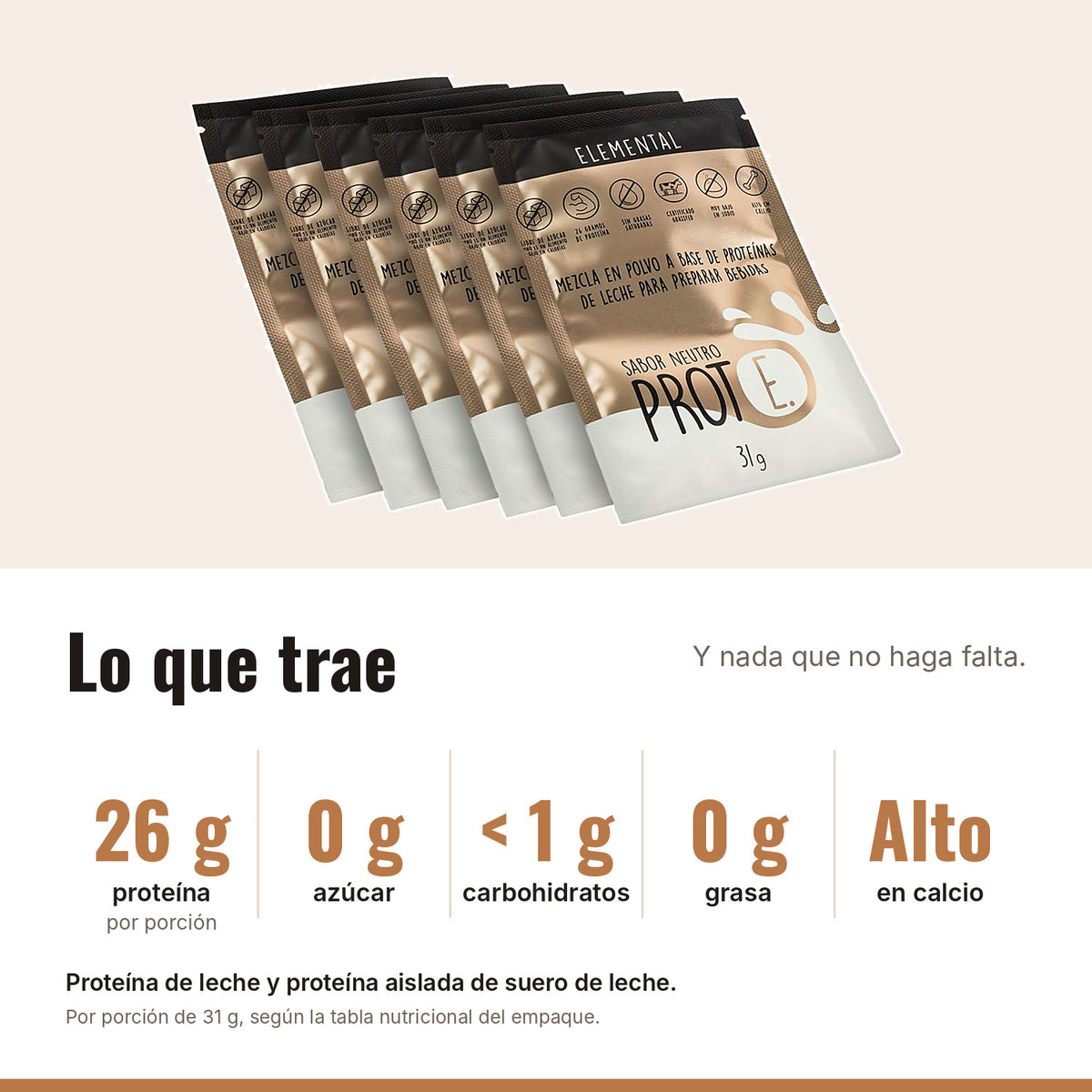 Proteína neutra: 26 g de proteína, 0 g de azúcar, menos de 1 g de carbohidratos, 0 g de grasa, alta en calcio