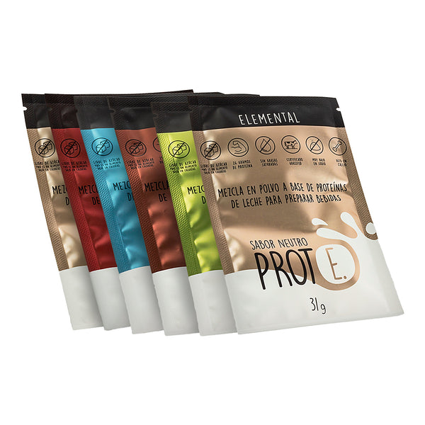 Six-pack de sobres de proteína Elemental Prote E. en sabores surtidos