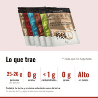 Proteína en sabores surtidos: 25 a 26 g de proteína, 0 g de azúcar, menos de 1 g de carbohidratos, 0 g de grasa, alta en calcio