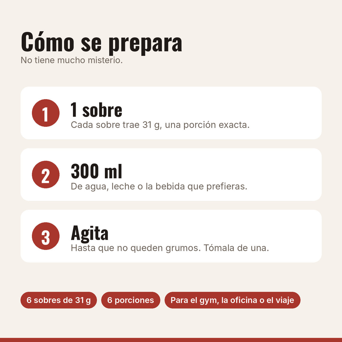 Cómo preparar la proteína: 1 sobre, 300 ml de agua o leche, agitar