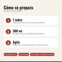 Cómo preparar la proteína: 1 sobre, 300 ml de agua o leche, agitar