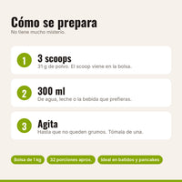 Cómo preparar la proteína: 3 scoops, 300 ml de agua o leche, agitar