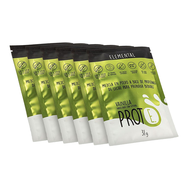 Six-pack de sobres de proteína Elemental Prote E. vainilla con estevia