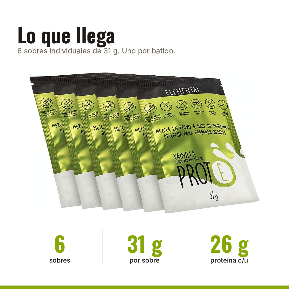 Six-pack de proteína vainilla con estevia: 6 sobres de 31 g