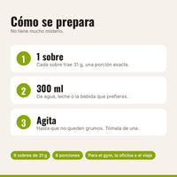 Cómo preparar la proteína vainilla con estevia: 1 sobre, 300 ml de agua o leche, agitar