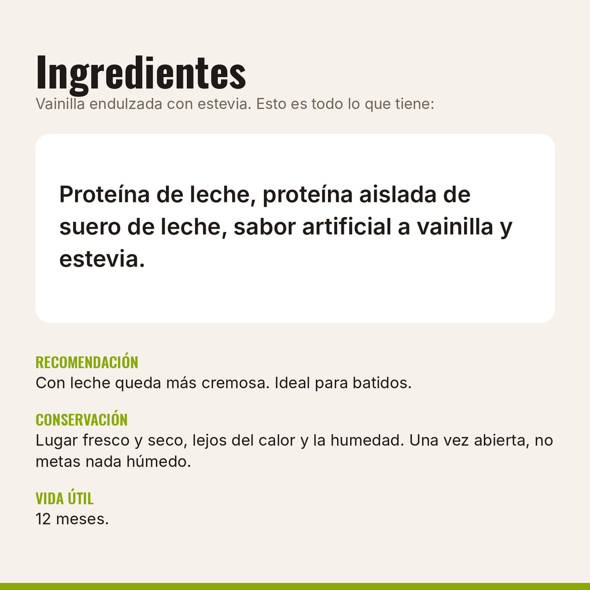 Ingredientes de la proteína vainilla con estevia