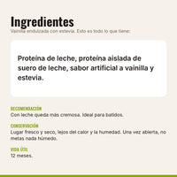 Ingredientes de la proteína vainilla con estevia