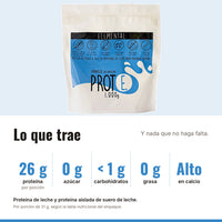 Proteína vainilla sin endulzar: 26 g de proteína, 0 g de azúcar, menos de 1 g de carbohidratos, 0 g de grasa, alta en calcio