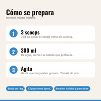 Cómo preparar la proteína vainilla sin endulzar: 3 scoops, 300 ml de agua o leche, agitar