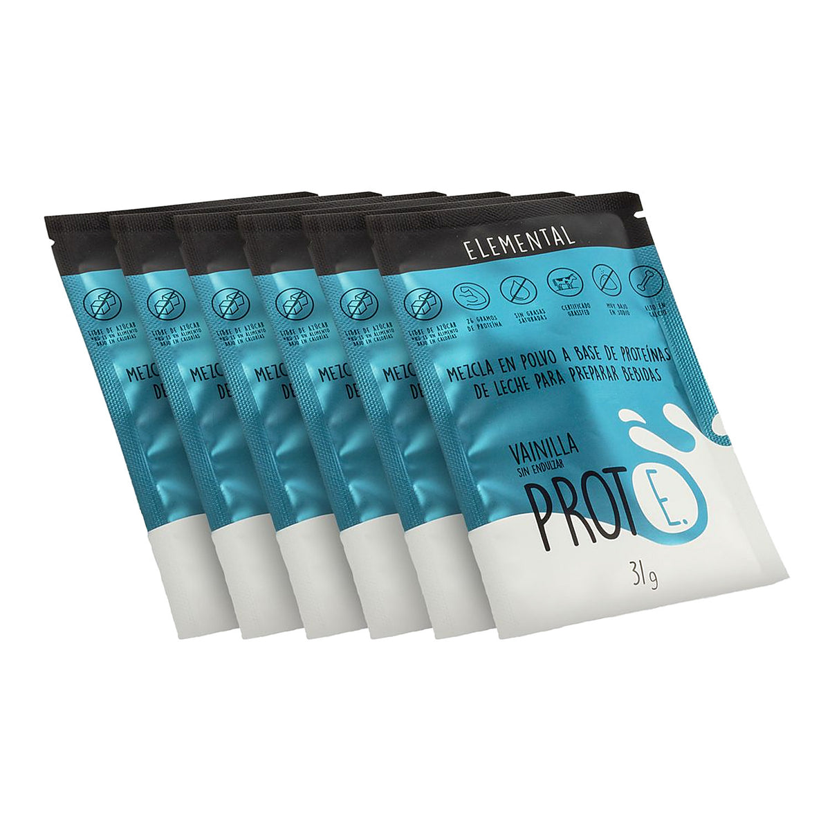Six-pack de sobres de proteína Elemental Prote E. vainilla sin endulzar