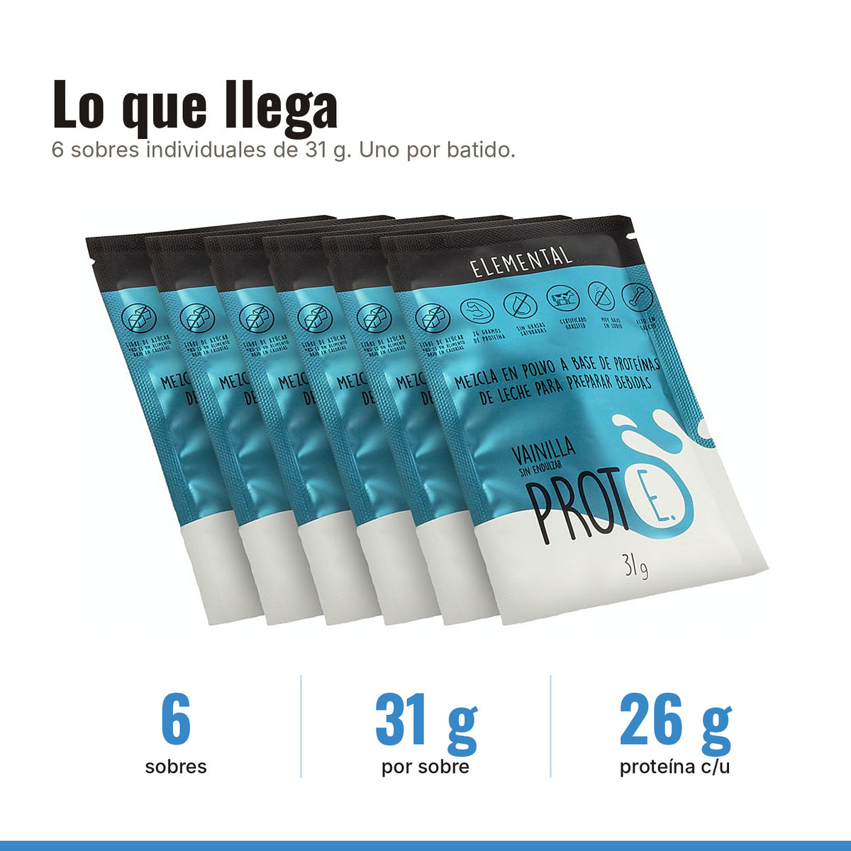 Six-pack de proteína vainilla sin endulzar: 6 sobres de 31 g
