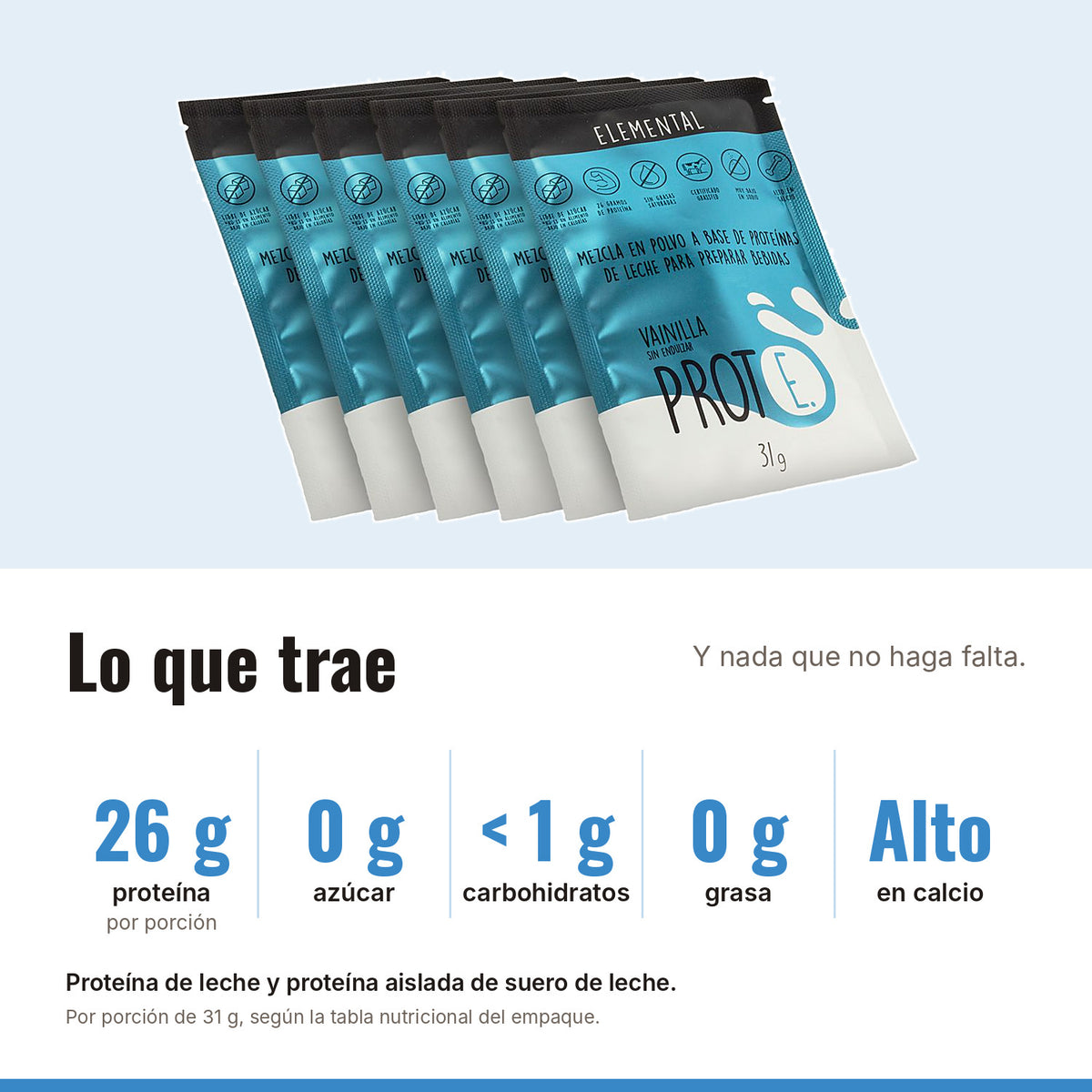 Proteína vainilla sin endulzar: 26 g de proteína, 0 g de azúcar, menos de 1 g de carbohidratos, 0 g de grasa, alta en calcio