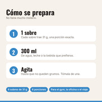 Cómo preparar la proteína vainilla sin endulzar: 1 sobre, 300 ml de agua o leche, agitar