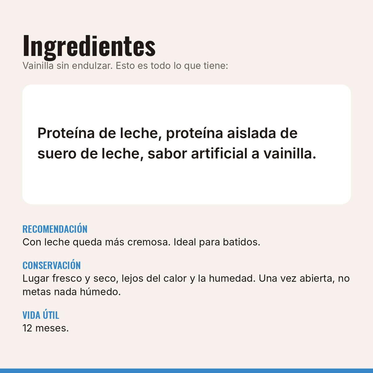 Ingredientes de la proteína vainilla sin endulzar